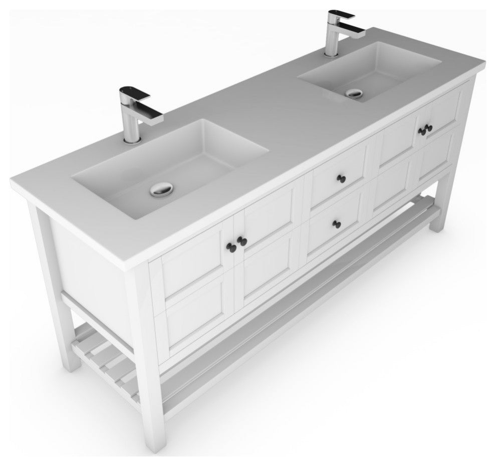 CastelloUSA Alicia 72" Freestanding Vanity Set, White, White Top, Black Handles