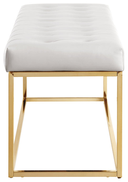 48" White and Gold Upholstered Faux Leather Bench