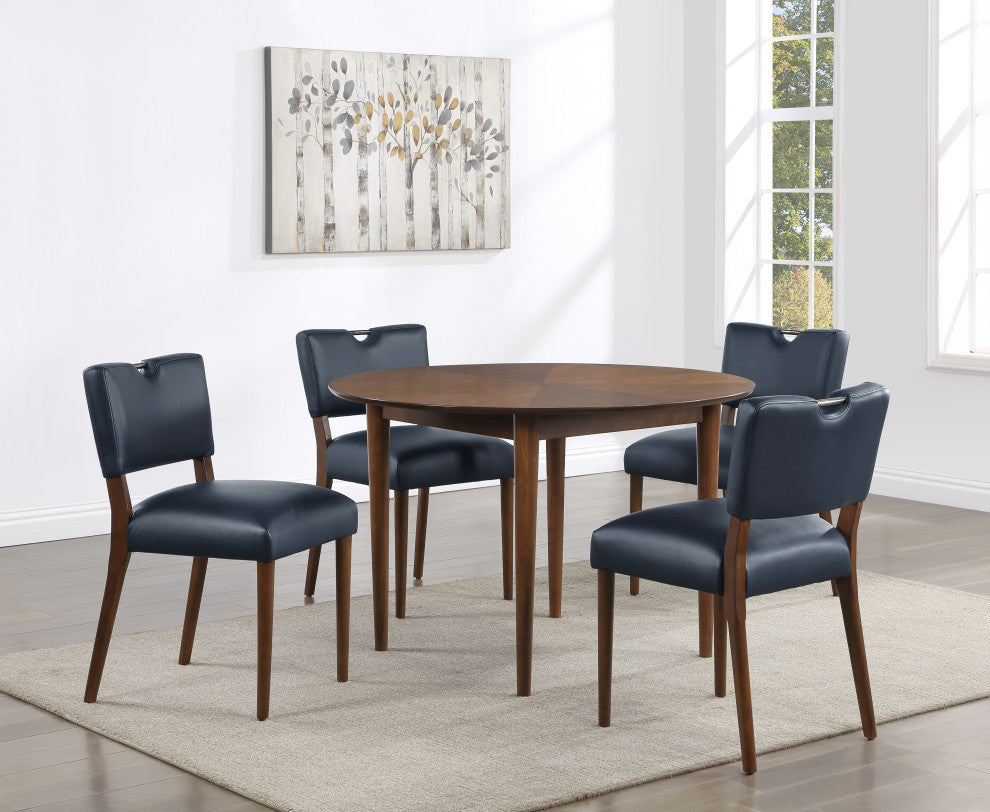 Bonito 5-Piece 47-in. Round Dining Set, Walnut Finish, Midnight Blue Faux Leather
