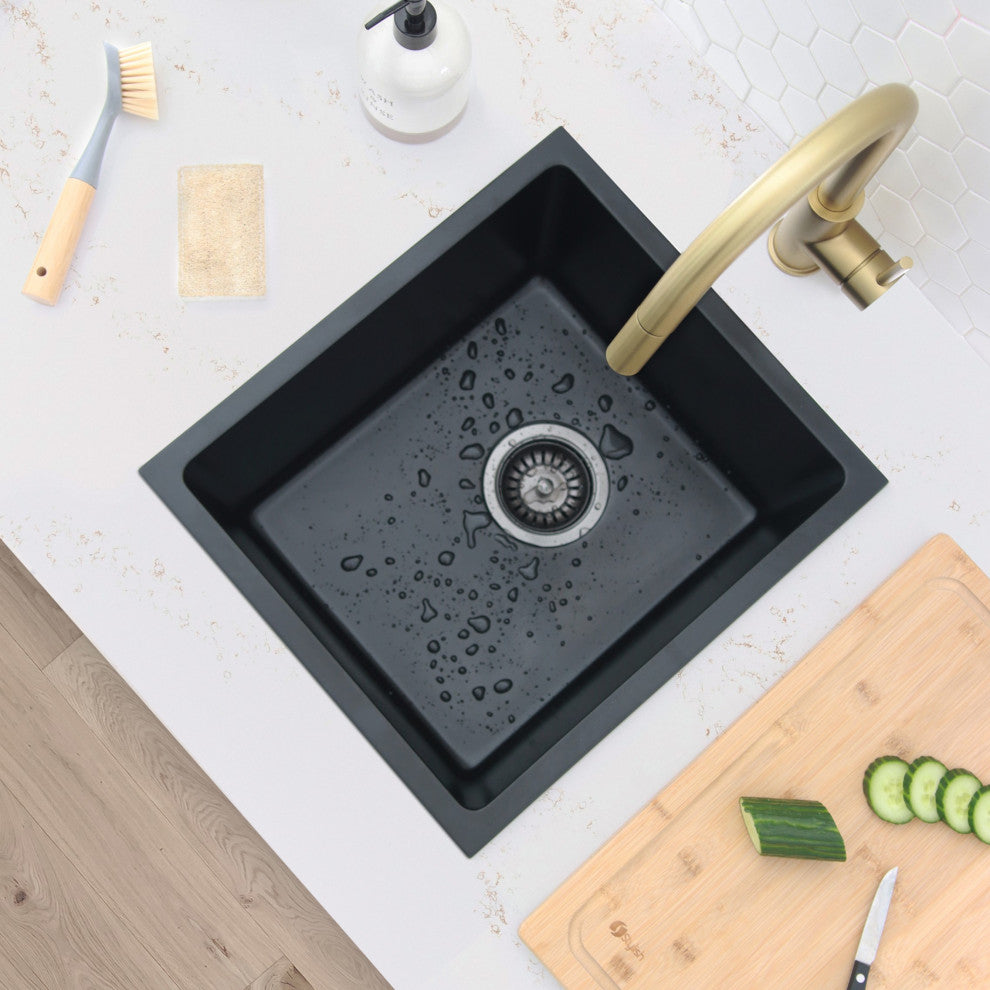 STYLISH 16"Dual Mount Single Bowl Black Granite Kitchen Sink