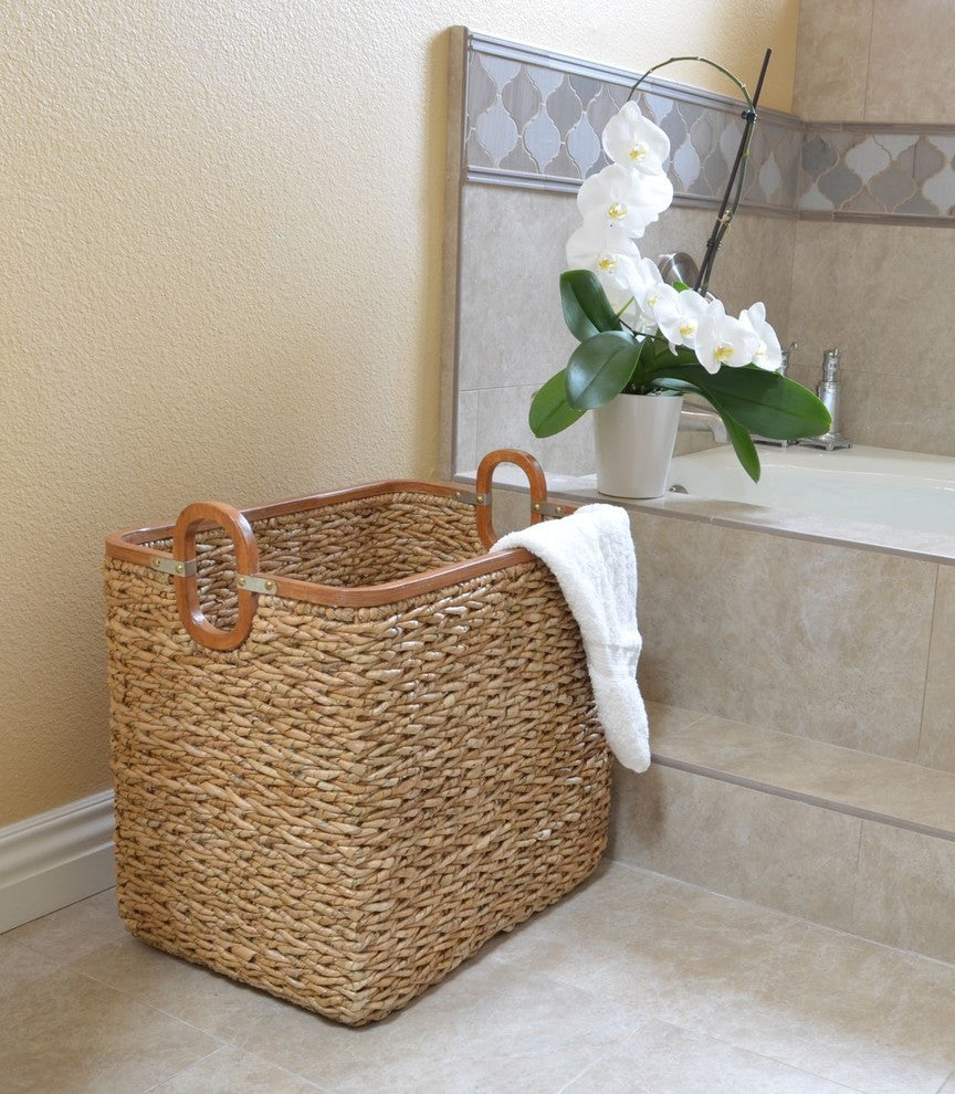 Rectangular Handwoven Storage Basket, Twisted Sea Grass With Wood Frame