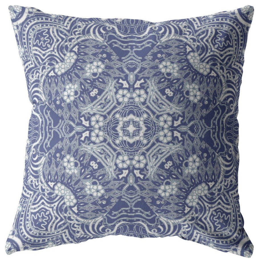 16" Indigo White Boho Ornate Zippered Suede Throw Pillow