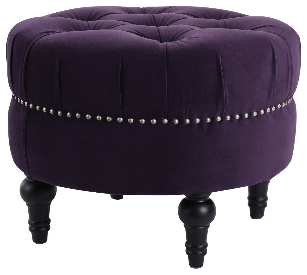 La Rosa Tufted Round Ottoman, Purple Velvet