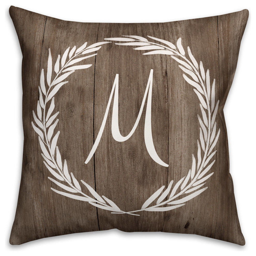 Faux Wood White Wreath - Monogram M 18x18 Spun Poly Pillow