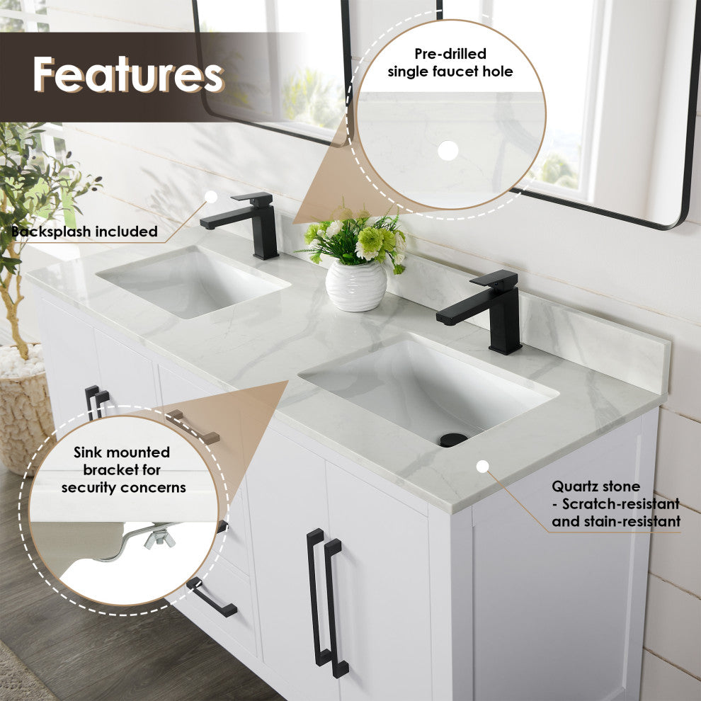 Laurel Bathroom Vanity with Calacatta White Quartz Stone Countertop, White, 60", With Mirror