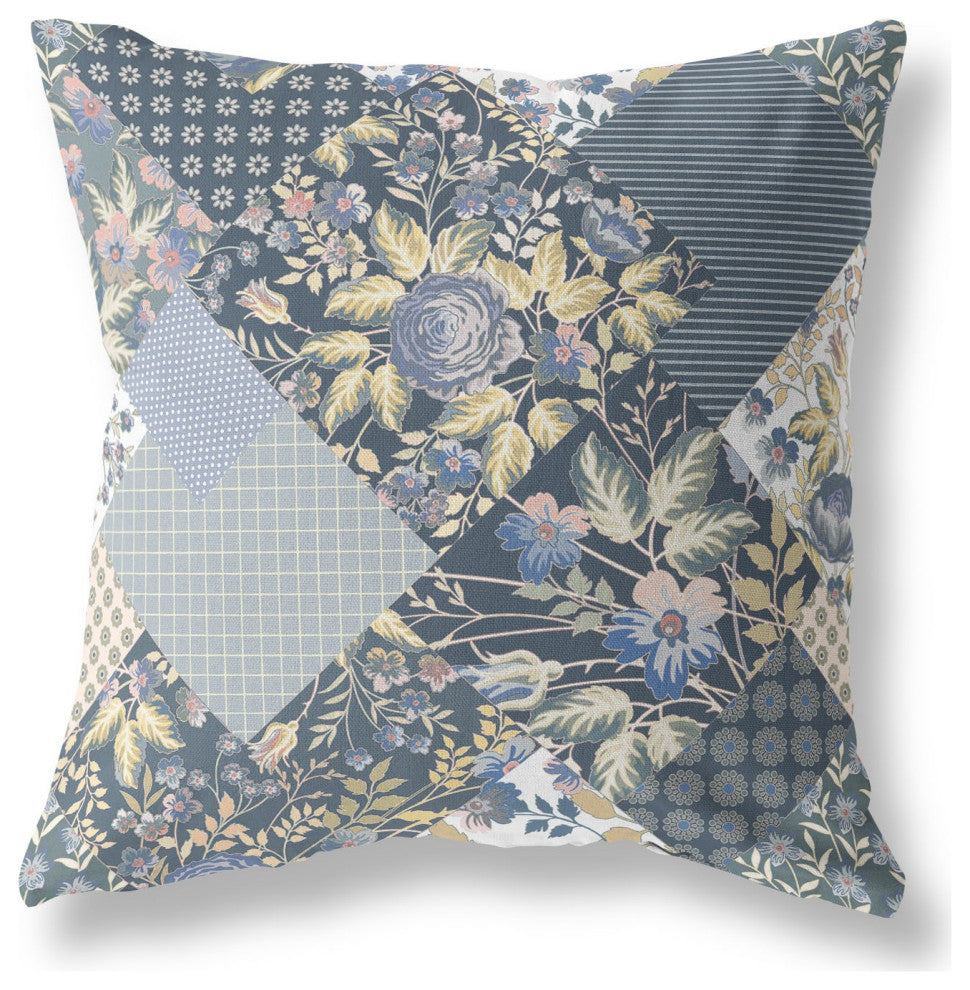 16" Blue Yellow Boho Floral Indoor Outdoor Throw Pillow