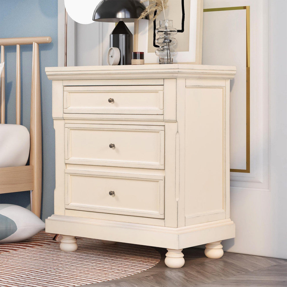 3-Drawer Wood Nightstand, Cream White, 30'' Tall