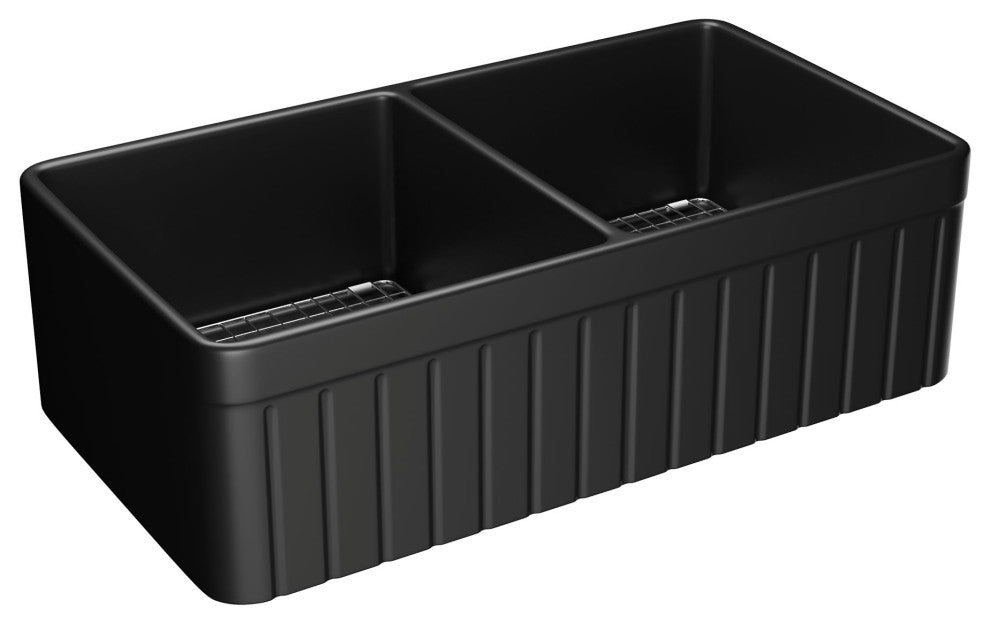 Black Fireclay 33 Inch Double Bowl Farmhouse Apron Front Kitchen Sink