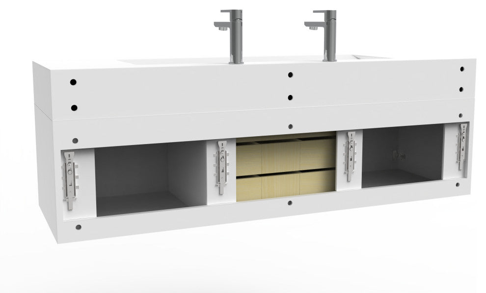 CastelloUSA Nile 60" Wall Mounted Vanity Set, White, White Top, Chrome Handles