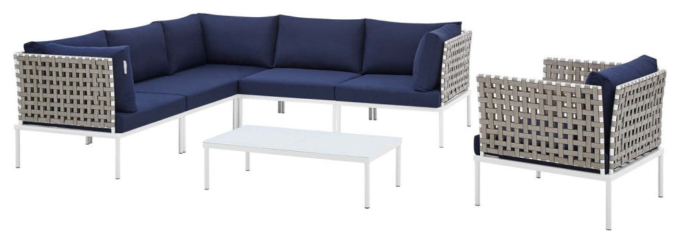 Lounge Sectional Sofa Chair Table Set, Sunbrella, Aluminum, Blue Navy, Outdoor