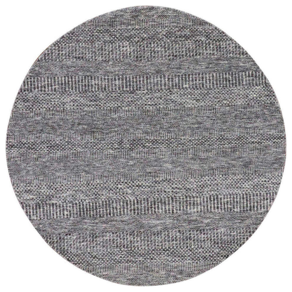 Gentle Gray Grass Design Organic Undyed Wool Hand Knotted Round Rug 4'10"x4'10"