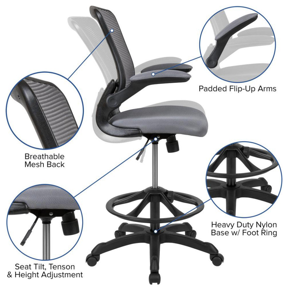 Mid-Back Mesh Ergonomic Drafting Chair With Adjustable Foot Ring, Dark Gray