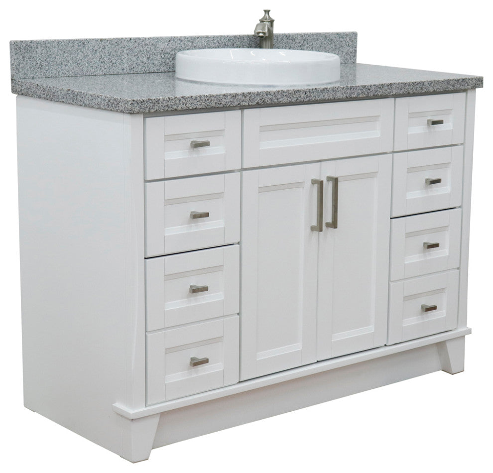 49" Single Sink Vanity, White Finish With Gray Granite And Round Sink