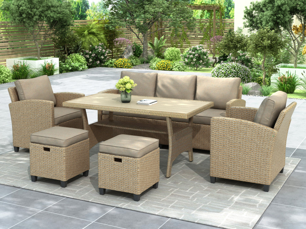 Ataraxia 6 pieces Garden Wicker Conversation Dining Set, Brown