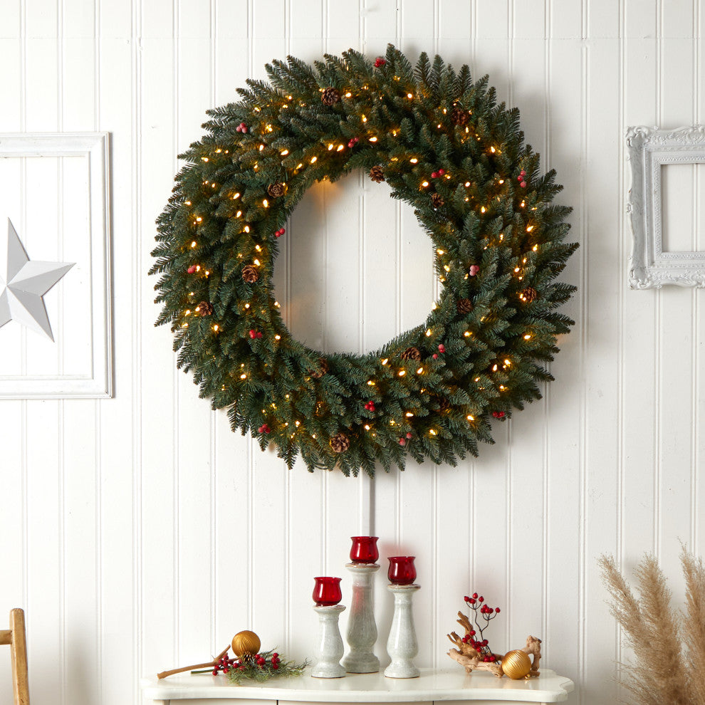4' Large Flocked Faux Xmas Wreath W/Pinecones, Berry, Lights & Bendable Branches