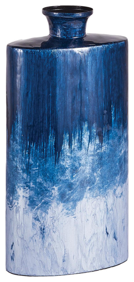 Enameled Modern Blue Iron Flat Flask Vase Ombre Bottle 15in Contemporary Coastal