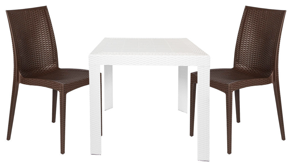 LeisureMod Mace Mid-Century 3-Piece Outdoor Patio Dining Set, White/Brown