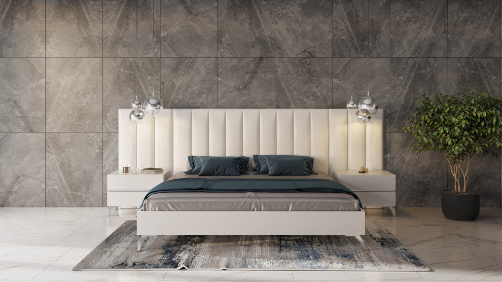 Nova Domus Angela Italian White Eco Leather Bed, Nightstands and Wings, Queen