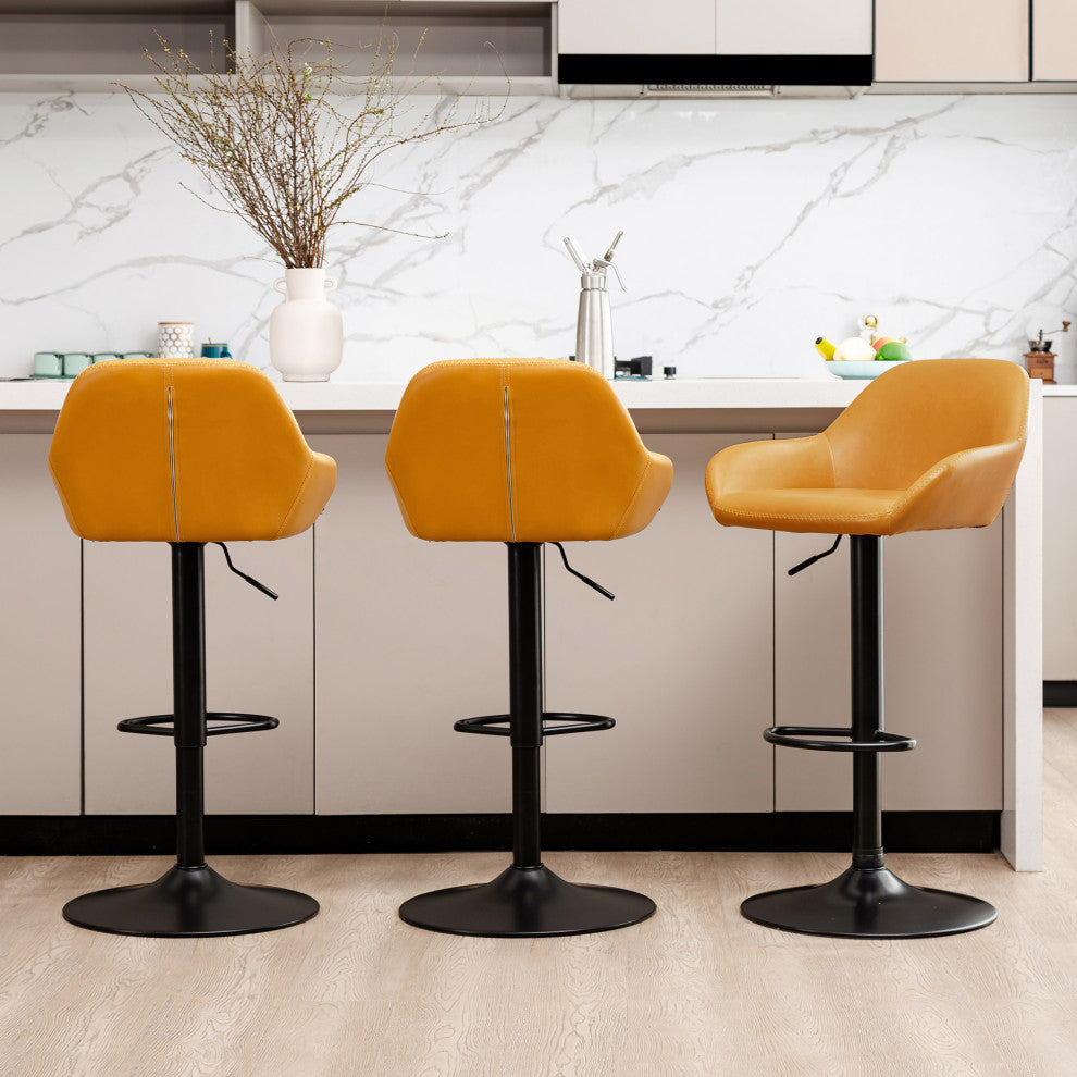 Set of 3 Adjustable Swivel Bar Stool, Mustard Yellow