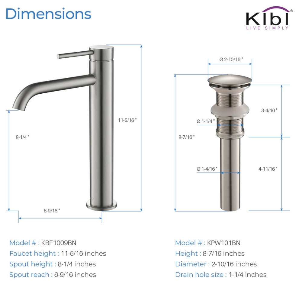 Circular Brass Single Handle Bathroom Faucet KBF1009, Brush Nickel, With Drain