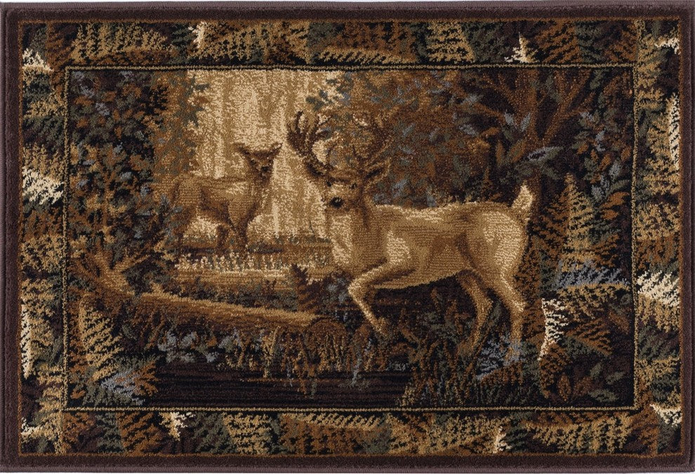 Fern Deer Novelty Lodge Pattern Beige Scatter Mat Rug, 2''x3''