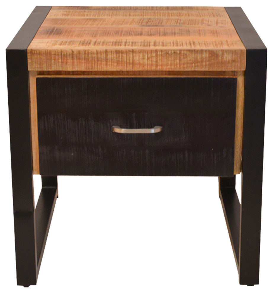 Benzara UPT-242953 Drawer Mango Wood Bedside Table, Iron Base, Brown, Black