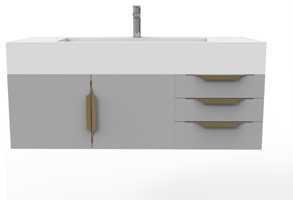 CastelloUSA Nile 48" Wall Mounted Vanity Set, Gray, White Top, Gold Handles