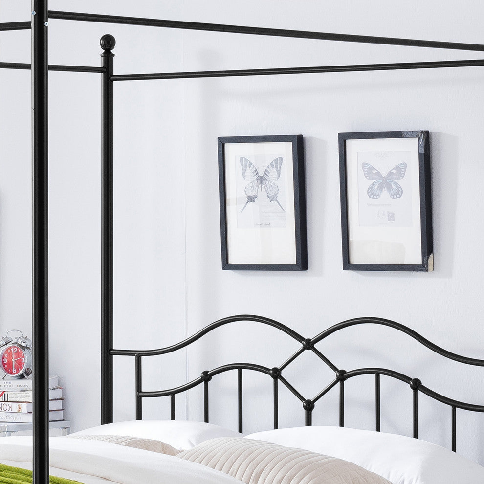 Simona Traditional Iron Canopy Queen Bed Frame, Flat Black