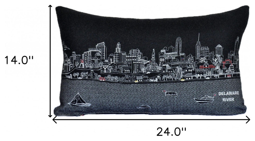 25" Black Philadelphia Nighttime Skyline Lumbar Decorative Pillow