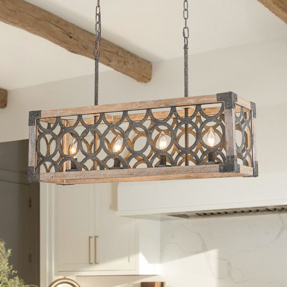 4-Light Open Cage Wooden Kitchen Island Rectangular Chandelier
