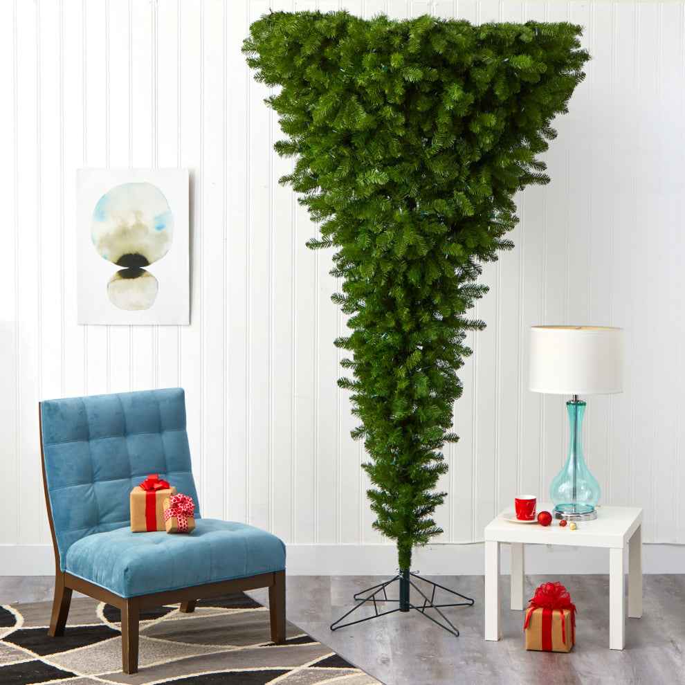 8' Sun Valley Spruce Upside Down Faux Xmas Tree W/ Lights & Bendable Branches