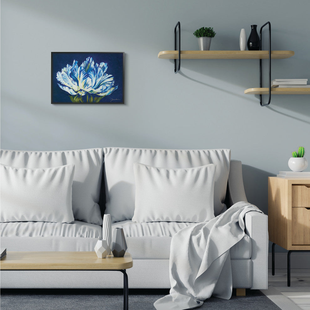 Flower Shape Blue Green Painting, 16"x20", Black Frame
