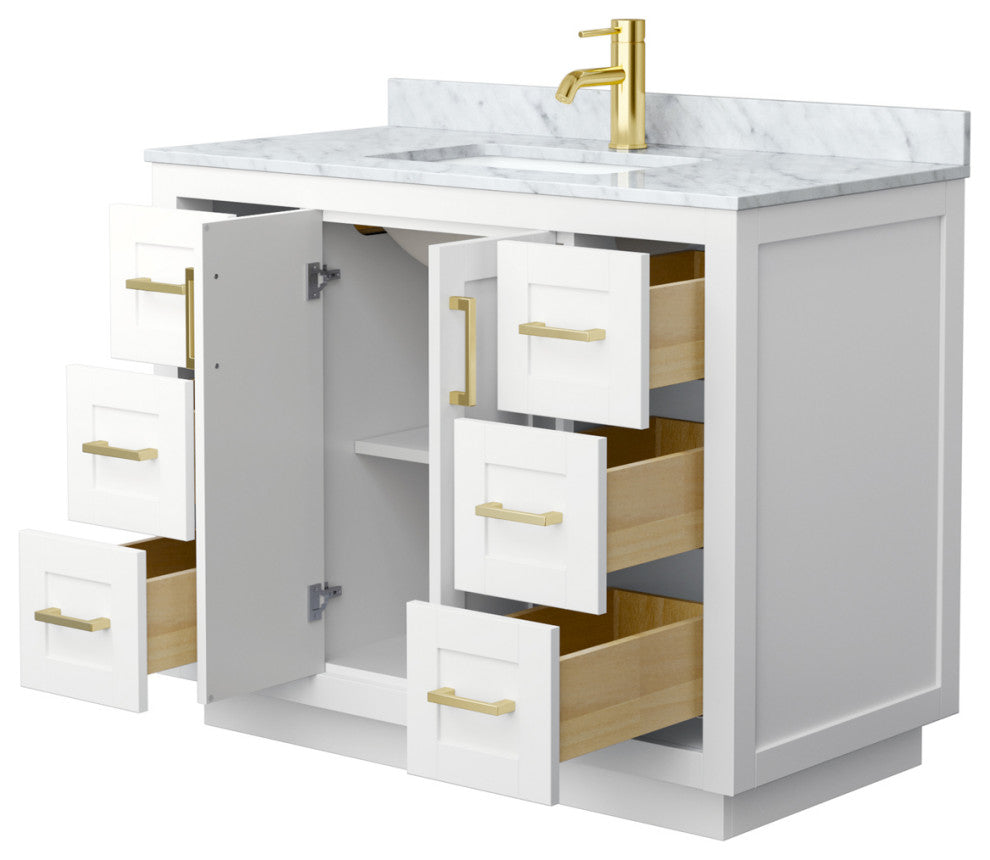 42" Single Bathroom Vanity, White, White Carrara Countertop, Sink, Gold Trim