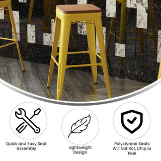 Kai Commercial Grade 30"H Metal Counter Stool, Yellow/Teak