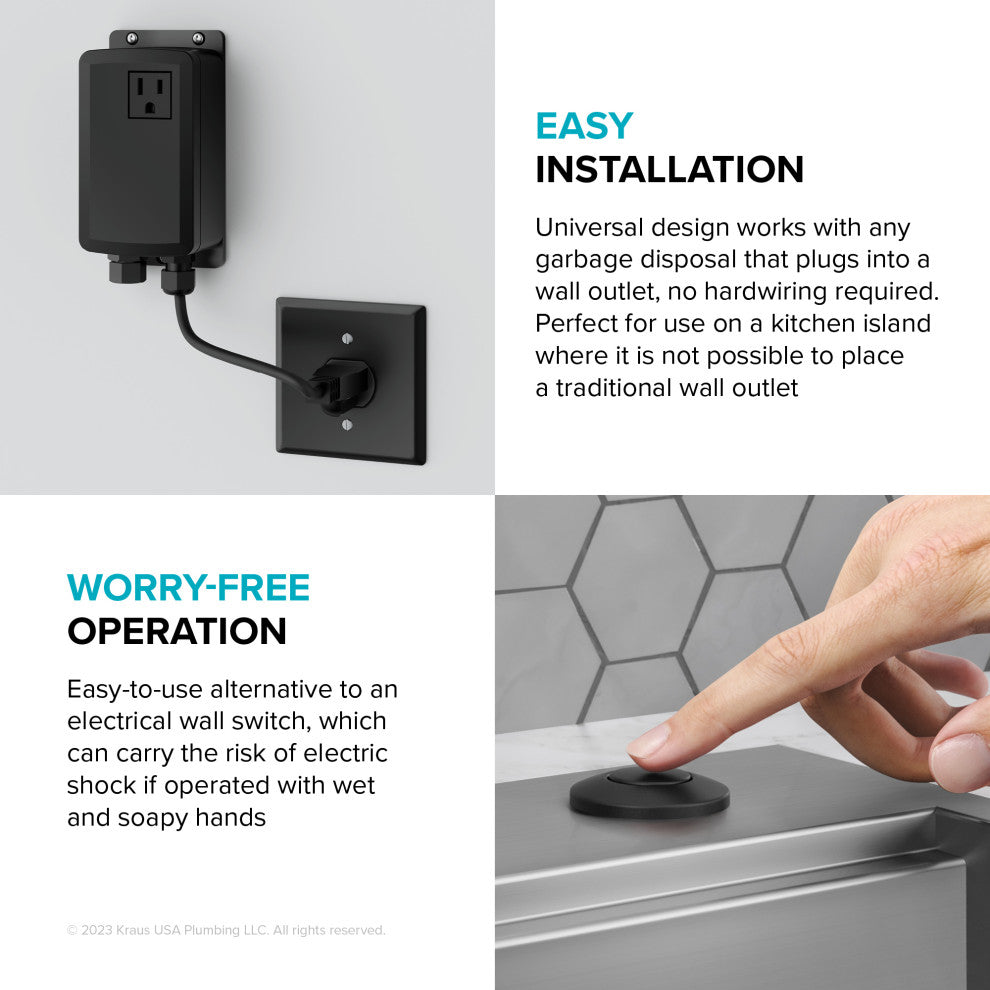 KRAUS Garbage Disposal Air Switch Kit w Push Button, AC Adapter, Cord, Tube, Matte Black
