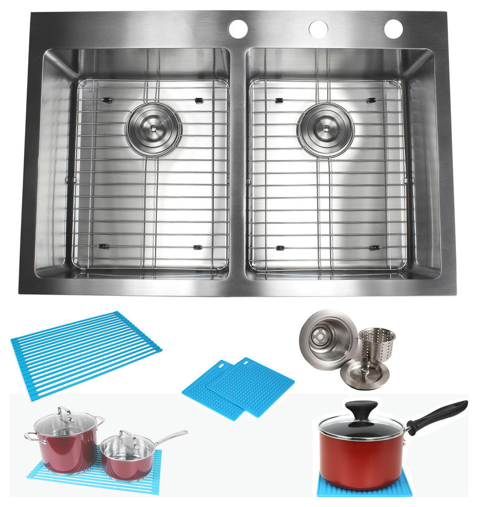 33" Drop In Topmount Stainless Steel Double Bowl Kitchen Sink Package