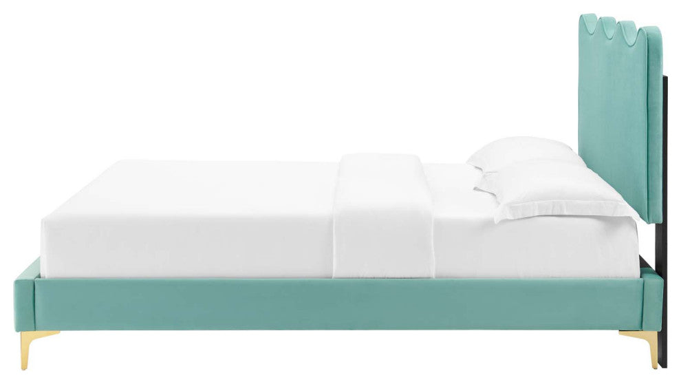 Platform Bed Frame, King Size, Blue, Velvet, Modern, Bedroom Master Guest Suite