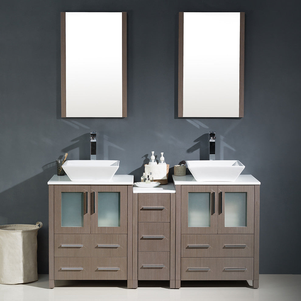 Torino 60" Gray Oak Modern Double Sink Bathroom Vanity, Faucet FFT9152BN
