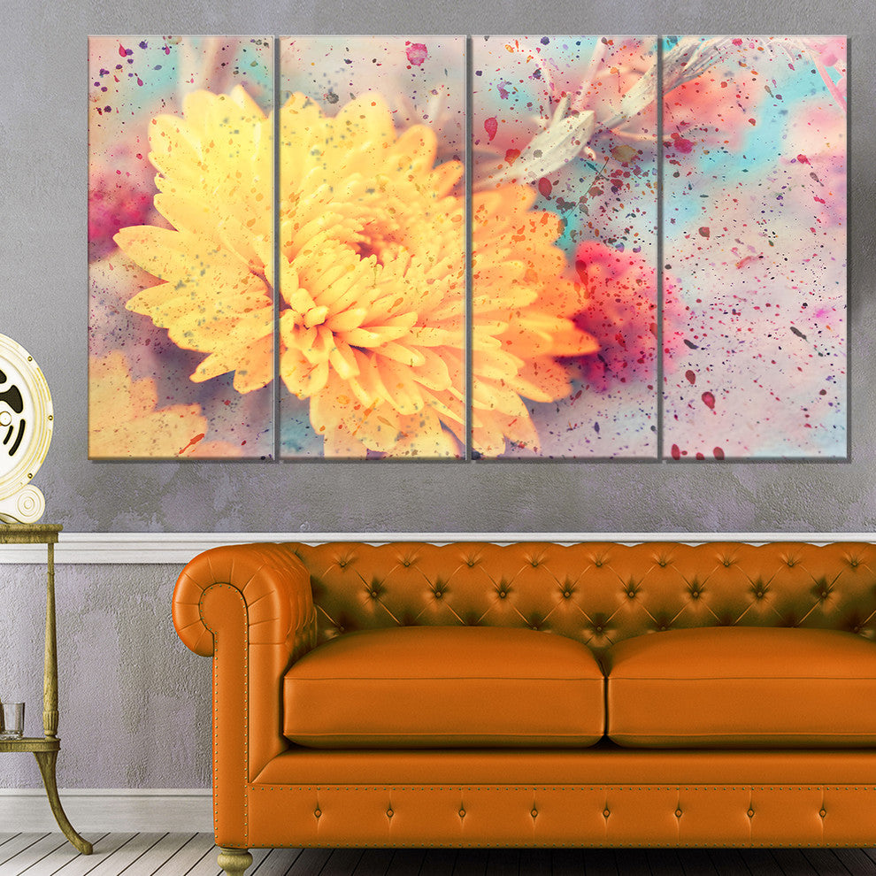 Aster Flower with Watercolor Splashes, Flower Art on Canvas, 48"x28", 4 Panels