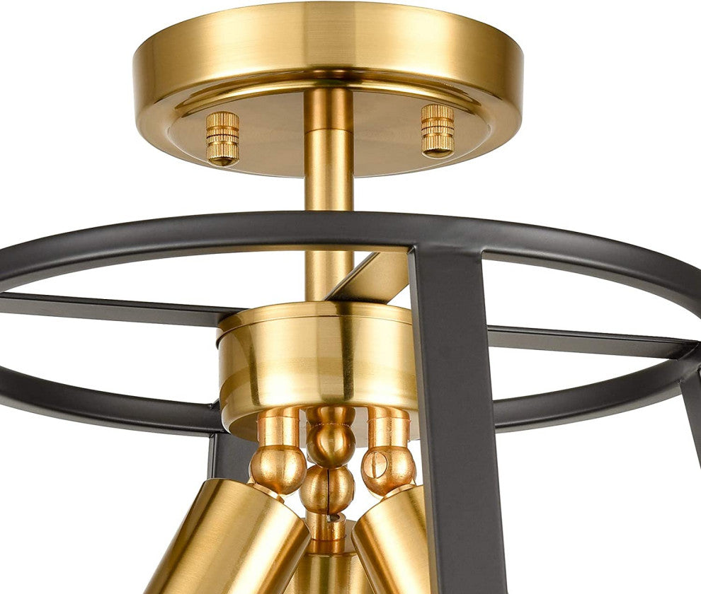 3 Light Semi Flush Mount, Cage Ceiling Lamp, Brass and Black