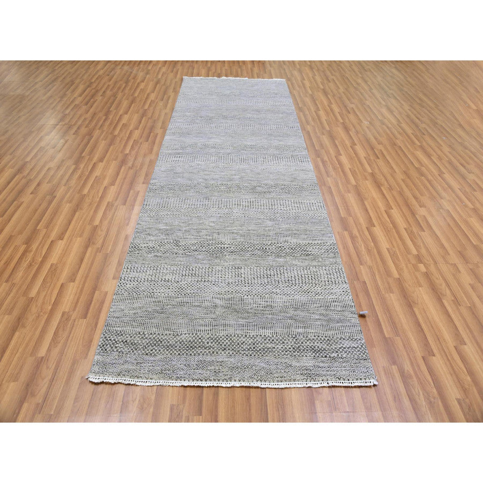 Metallic Gray Grass Design Undyed Wool Hand Knotted Wide Runner Rug 4'1"x12'1"
