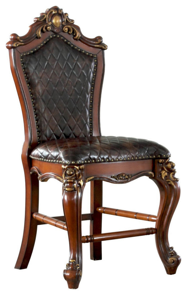 Leatherette Padded Counter Height Chair With Carvings, Set of 2, Brown