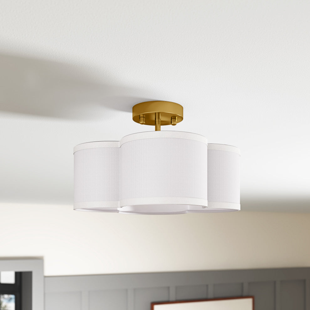 13 Inch 4-Light Semi-Flush Mount Off-White Fabric Drum Shade Ceiling Light