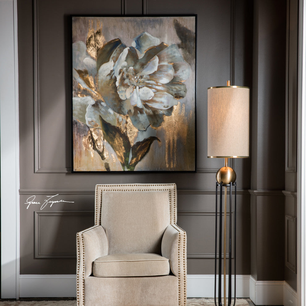 White Gold Floral Peony Painting, Oversize 51" Wall Art Artwork Flower Black