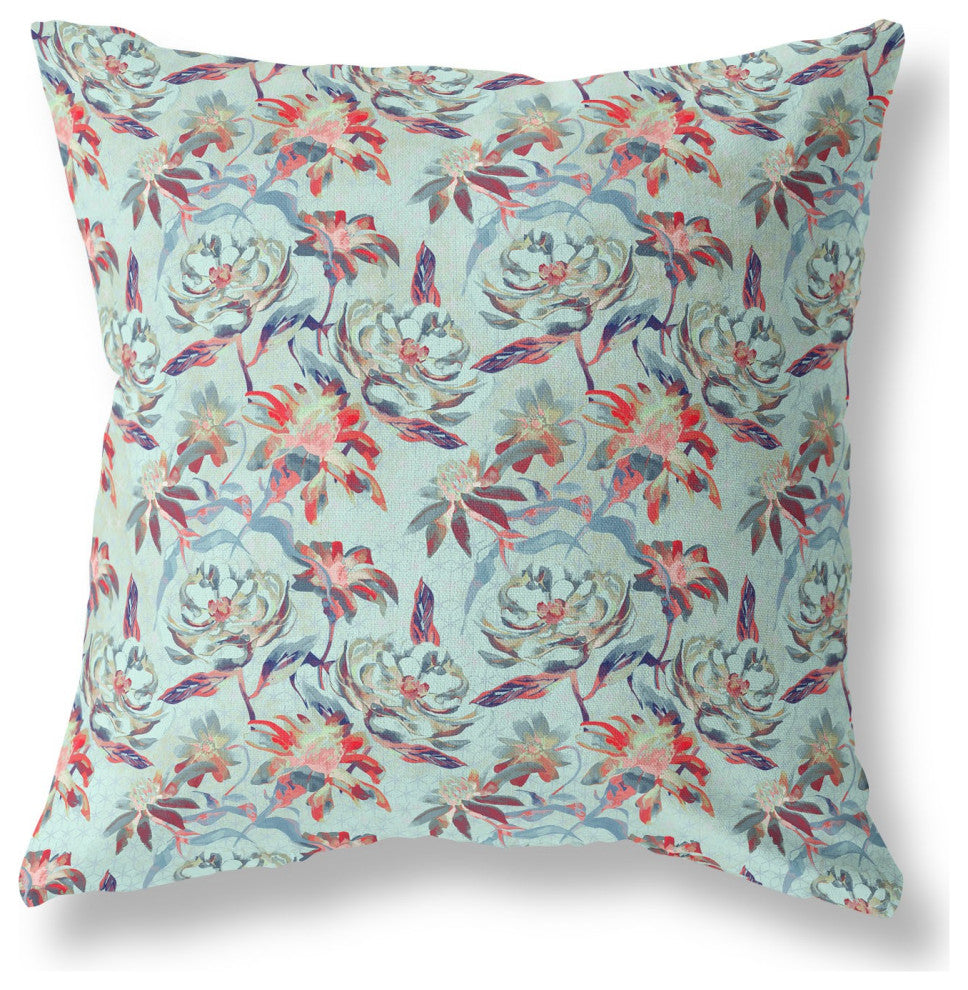 26" Red Aqua Roses Indoor Outdoor Throw Pillow