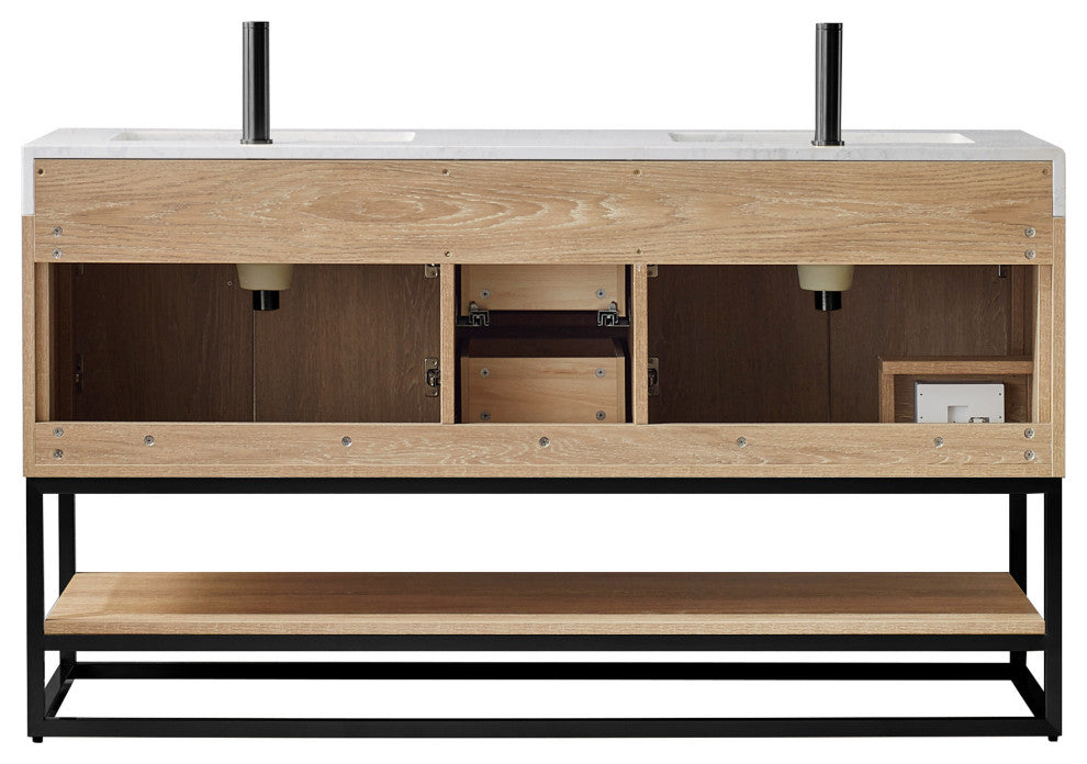 Alistair Vanity, North American Oak, Matte Black Hardware, 60" Double Sink, With Mirror