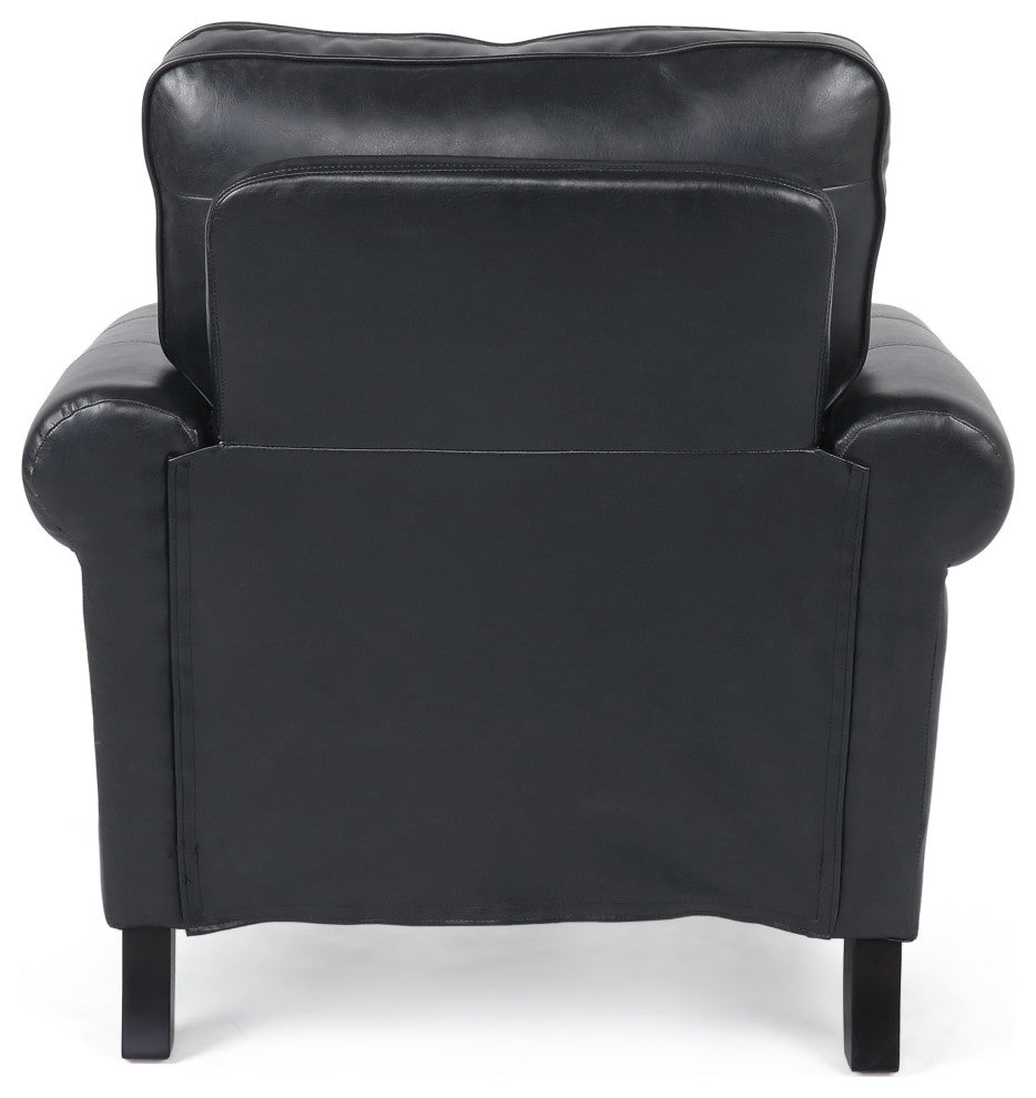 Burkehaven Contemporary Faux Leather Club Chair With Nailhead Trim, Midnight Black/Dark Brown