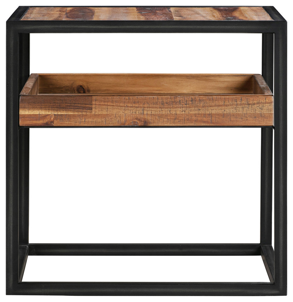 Ludgate Square End Table With Shelf, Acacia And Black Metal