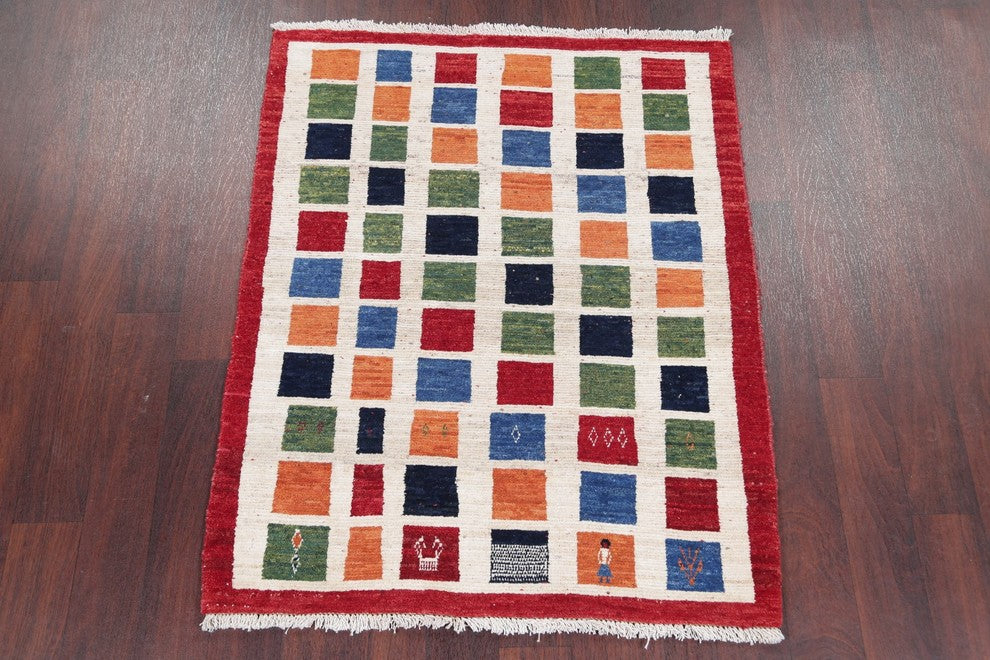 Consigned, Oriental Persian Style Hand-Knotted Gabbeh Area Rug, Beige, 4'3"X3'5"