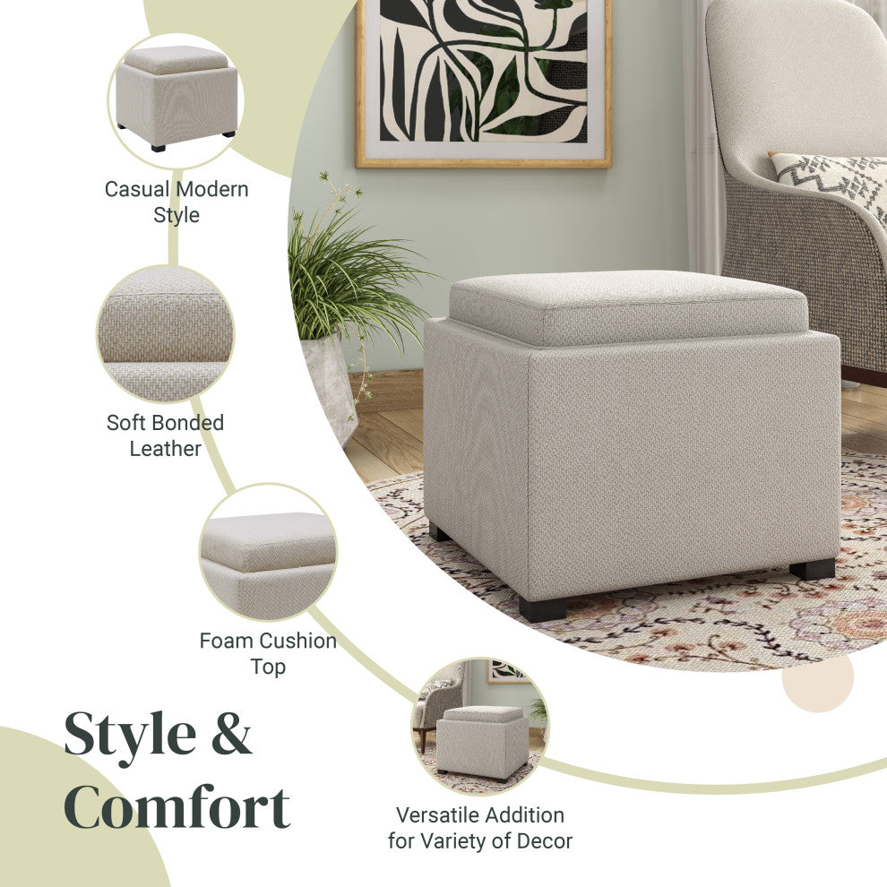 Cameron Square Storage Ottoman w/ tray, Cardiff Cream, Fabric